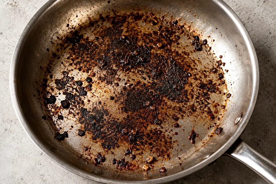 Black and dark brown residue patches cover the bottom of an empty stainless steel pan.