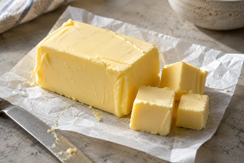 A block of yellow butter and several cubes on paper.