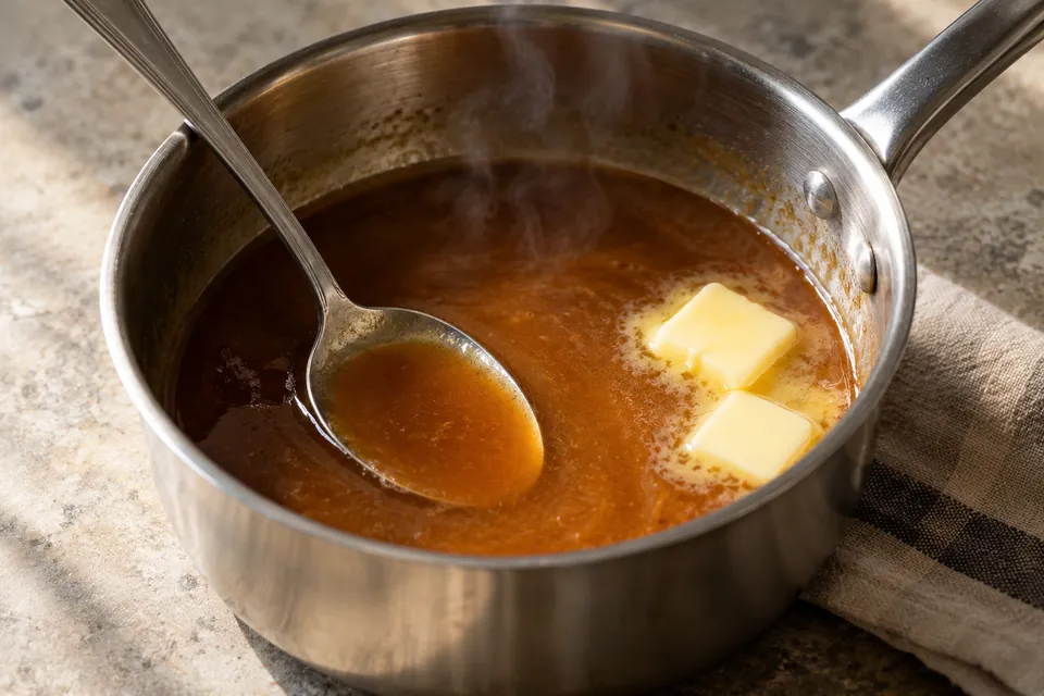 Two pale butter cubes and a spoon in amber sauce in a stainless steel saucepan.