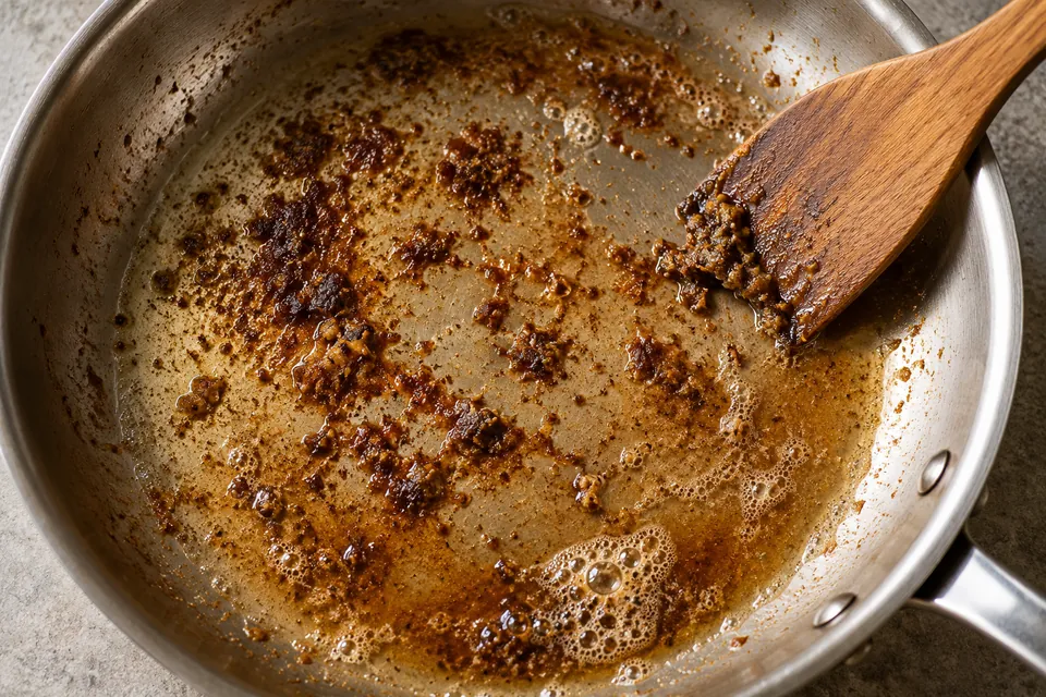 A flat wooden spatula touches brown pan residue in shallow liquid.