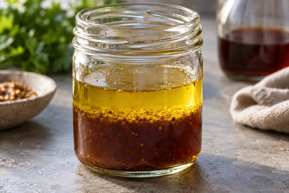 A jar of dressing with a clear golden upper layer and darker brown lower layer.