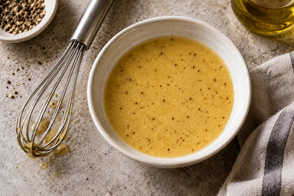 A bowl of cloudy pale-golden dressing with small flecks, beside a metal whisk.