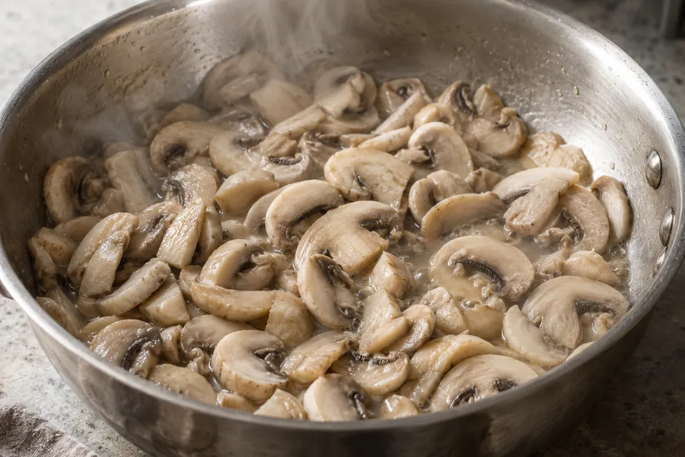 Overlapping mushroom slices fill a skillet, with liquid between them and steam above.