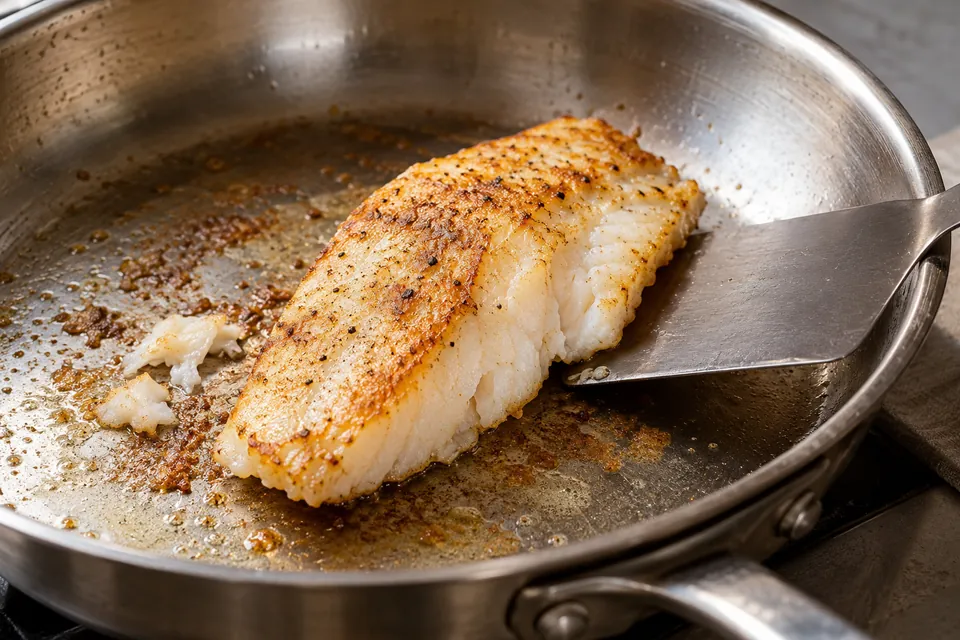 A metal spatula sits under a browned fish fillet, with torn pieces beside it in the pan.