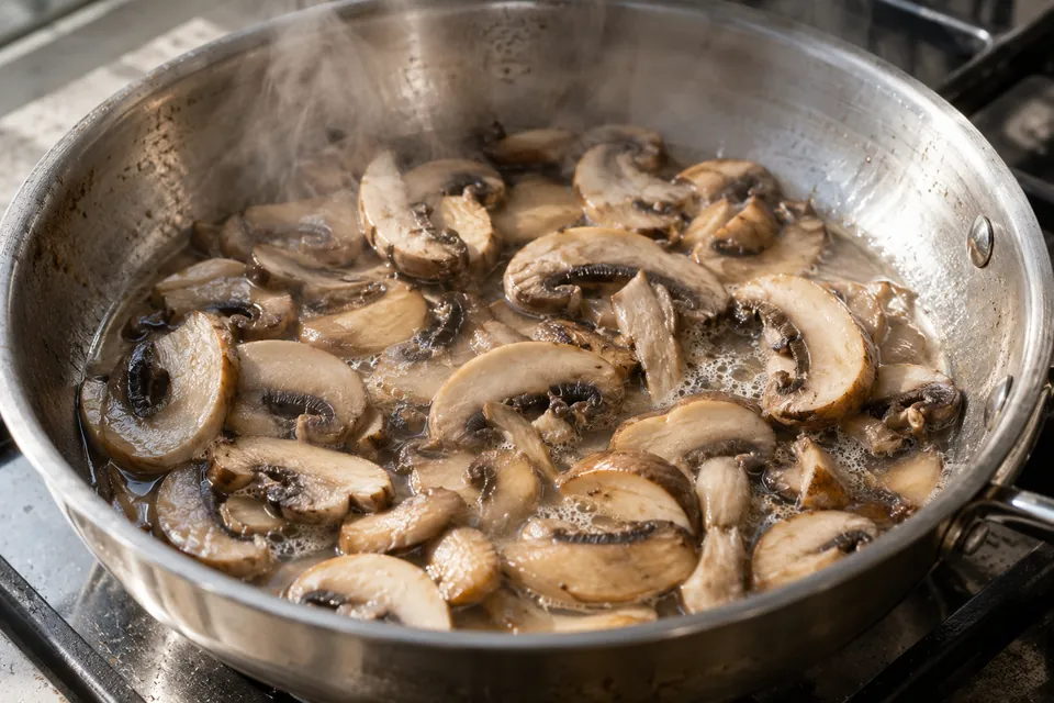 Mushroom slices lie in bubbling liquid in a stainless steel pan, with steam above them.