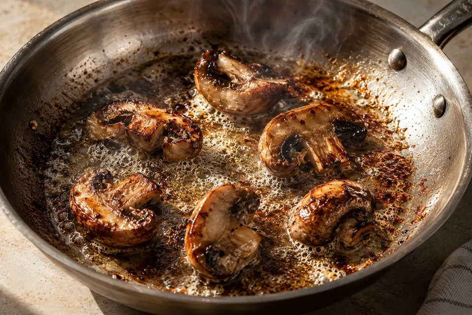 Halved mushrooms with browned surfaces in a stainless steel skillet.