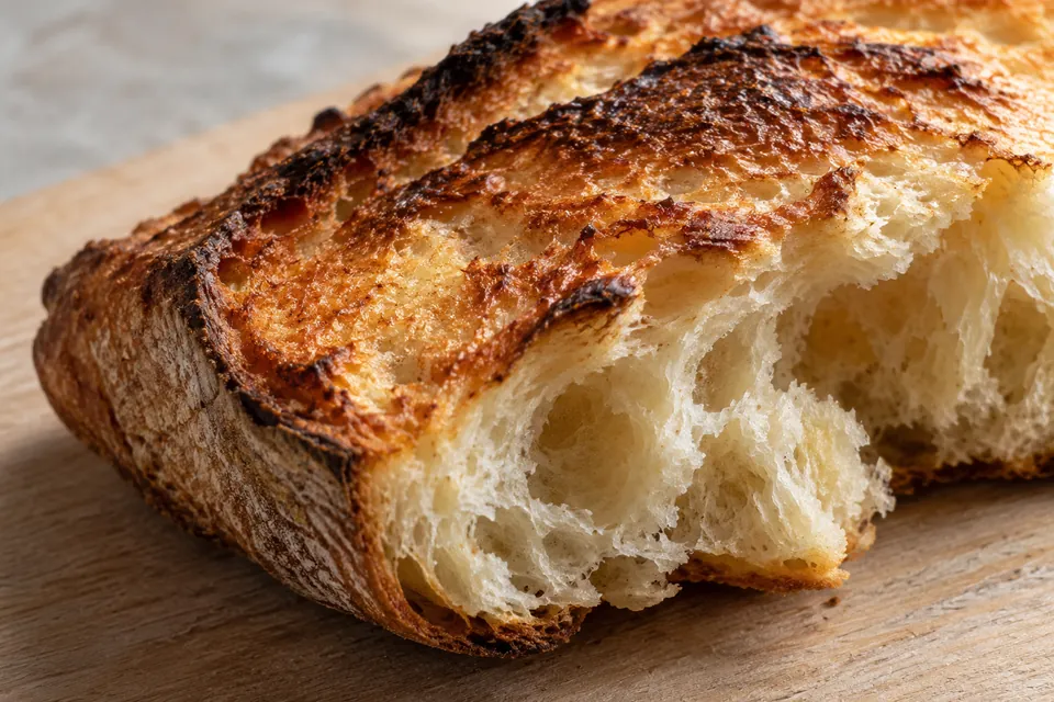Close view of torn toasted bread, with a browned crust and pale crumb on a wooden board.