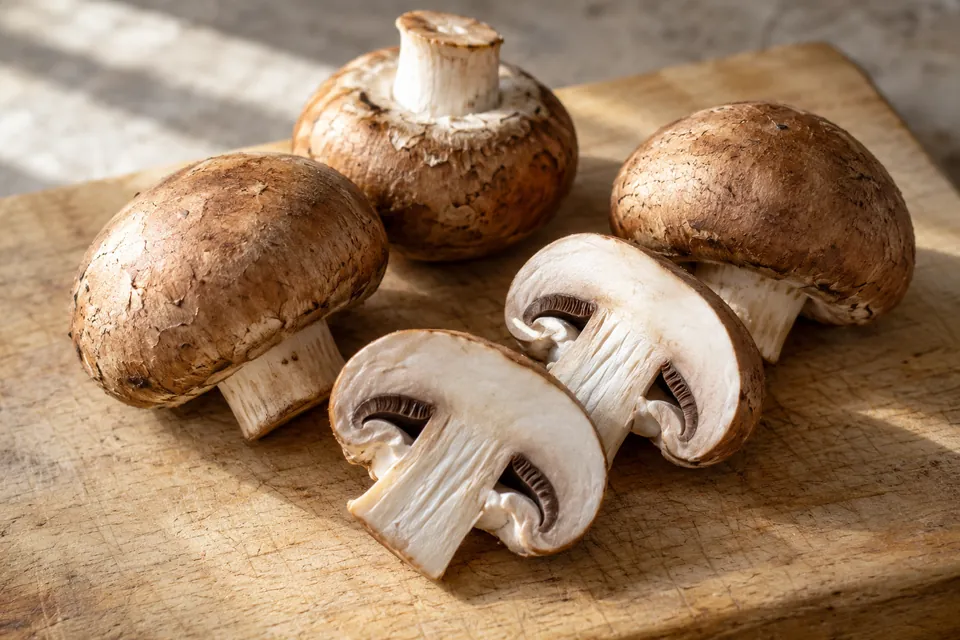 Whole brown mushrooms and sliced halves on a wooden cutting board.
