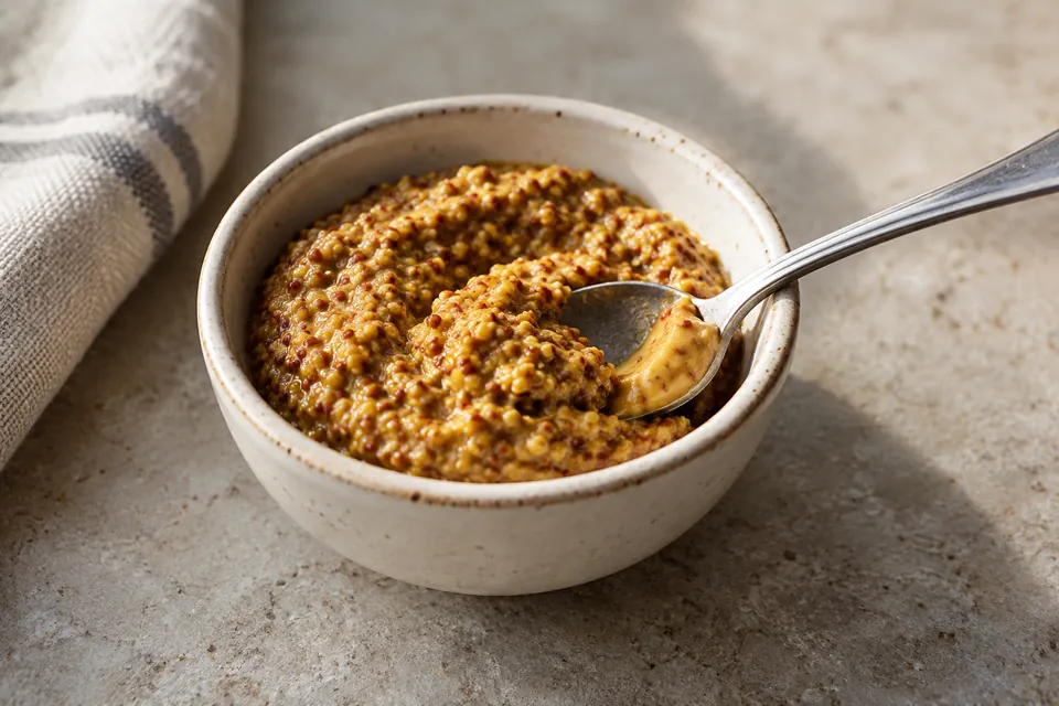 Grainy prepared mustard in a small bowl, with a spoon resting in it.