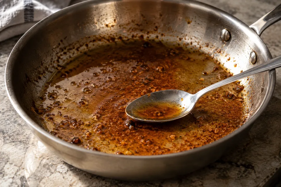 A metal spoon rests in amber sauce in a stainless steel skillet.