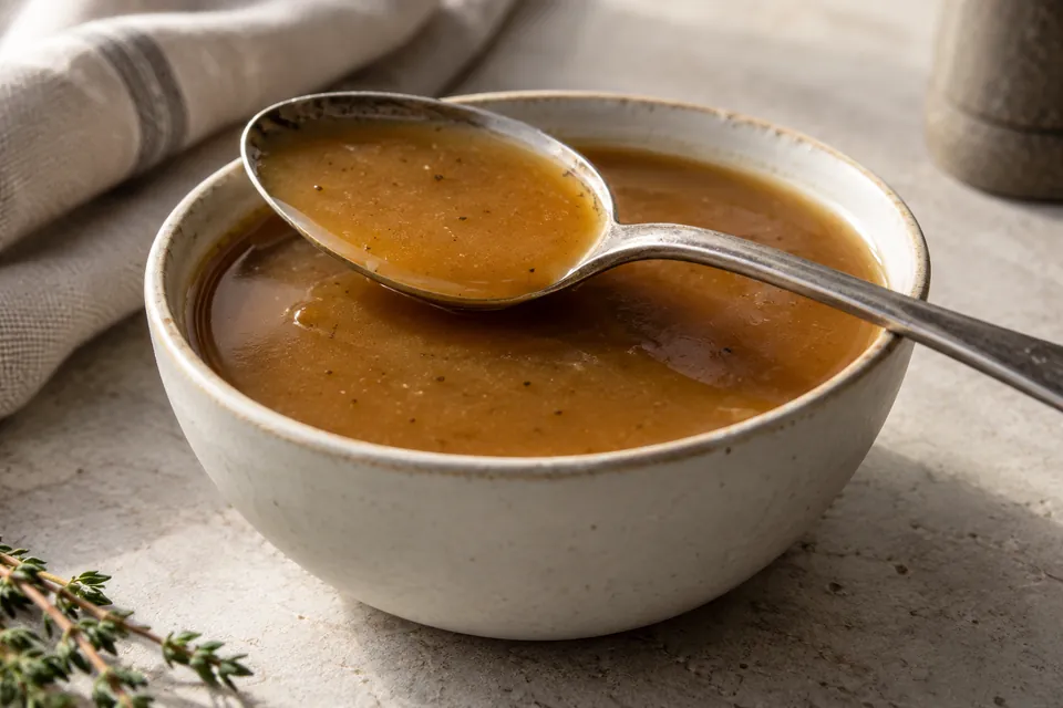 A spoon holding smooth amber sauce above a white bowl of sauce.