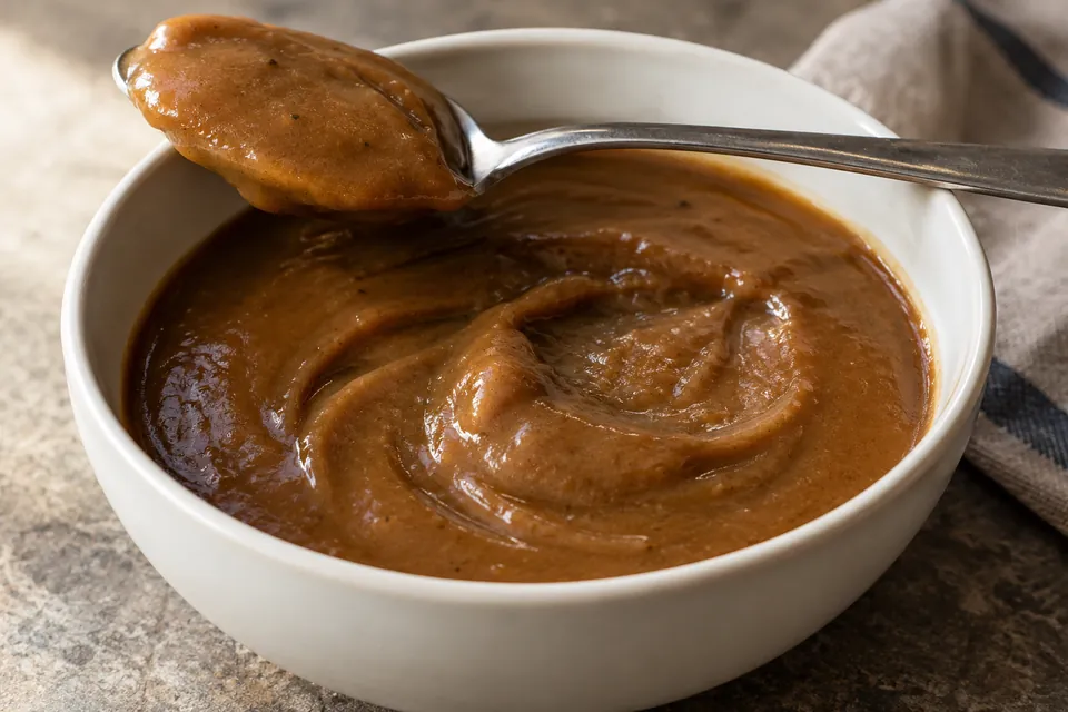 Thick brown sauce holds a ridged swirl in a white bowl, with a spoonful above the rim.
