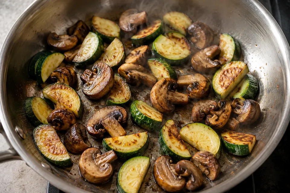 Zucchini slices and mushroom pieces with browned faces in a stainless steel pan.
