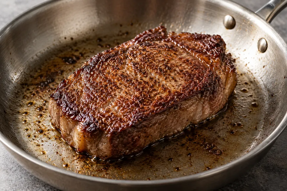 A steak with a browned crust in a stainless steel skillet.