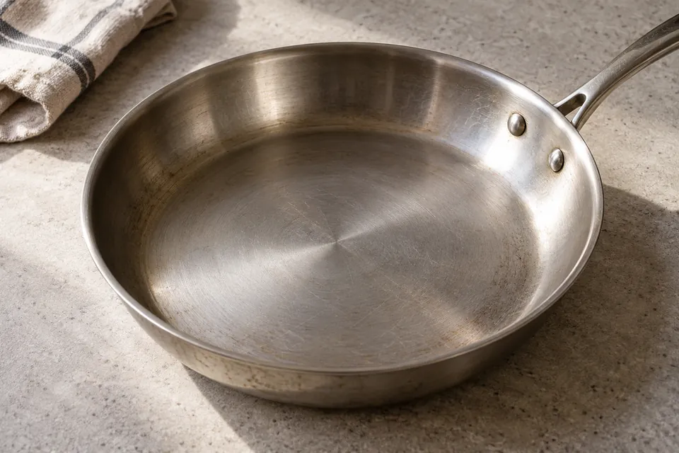 An empty stainless steel skillet with visible use marks on a stone work surface.