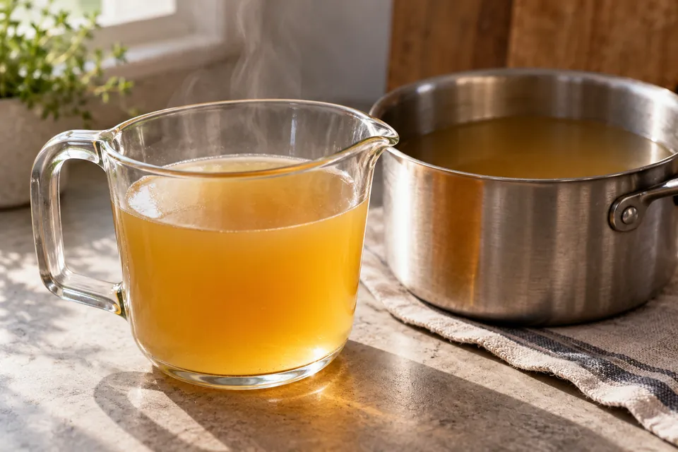 Amber stock in an unmarked glass jug and a small stainless steel saucepan.