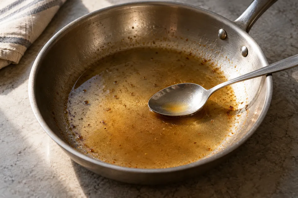 A metal spoon rests in shallow amber liquid in a skillet, with the pan visible beneath.