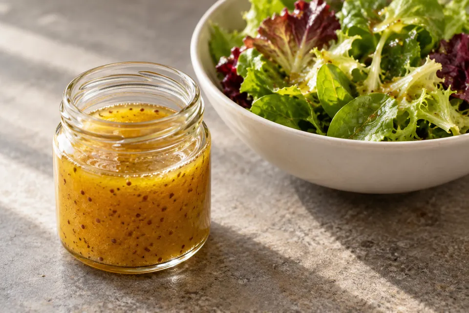 A jar of golden dressing beside a bowl of salad greens.